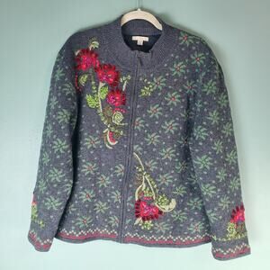 Carson Womens Embroidered Floral Full Zip Wool Blend Cardigan Jacket Sweater XL